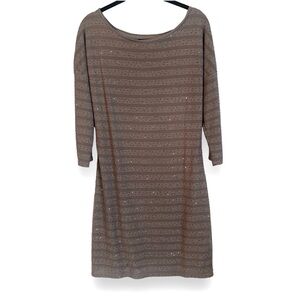 Express sequin stripe scoop neck 3/4 sleeve dress in taupe gray brown size large